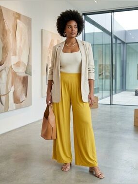 Women’s Yellow Self-Double Layer Wide Leg Pants XL